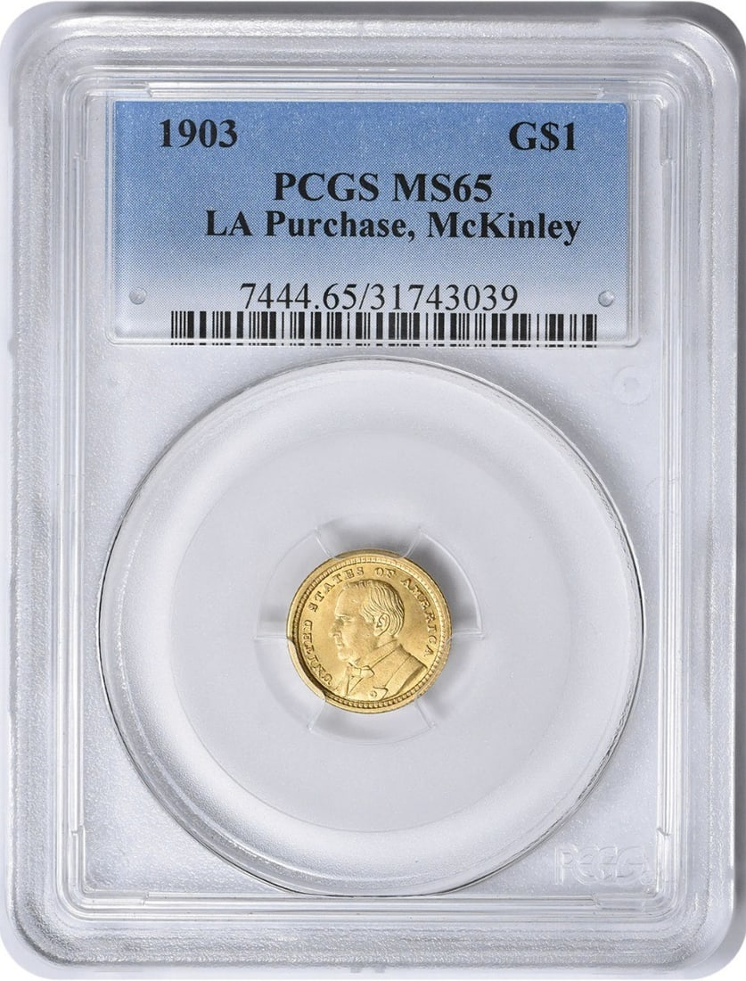 1903 McKinley $1 Gold Coin MS65 PCGS Commemorative Uncirculated: 1903 McKinley $1 Gold Coin MS65 PCGS Commemorative Uncirculated This 1903 McKinley $1 Gold coin is a stunning uncirculated collectible certified by PCGS with a grade of MS65. Minted in Philadelphia, i