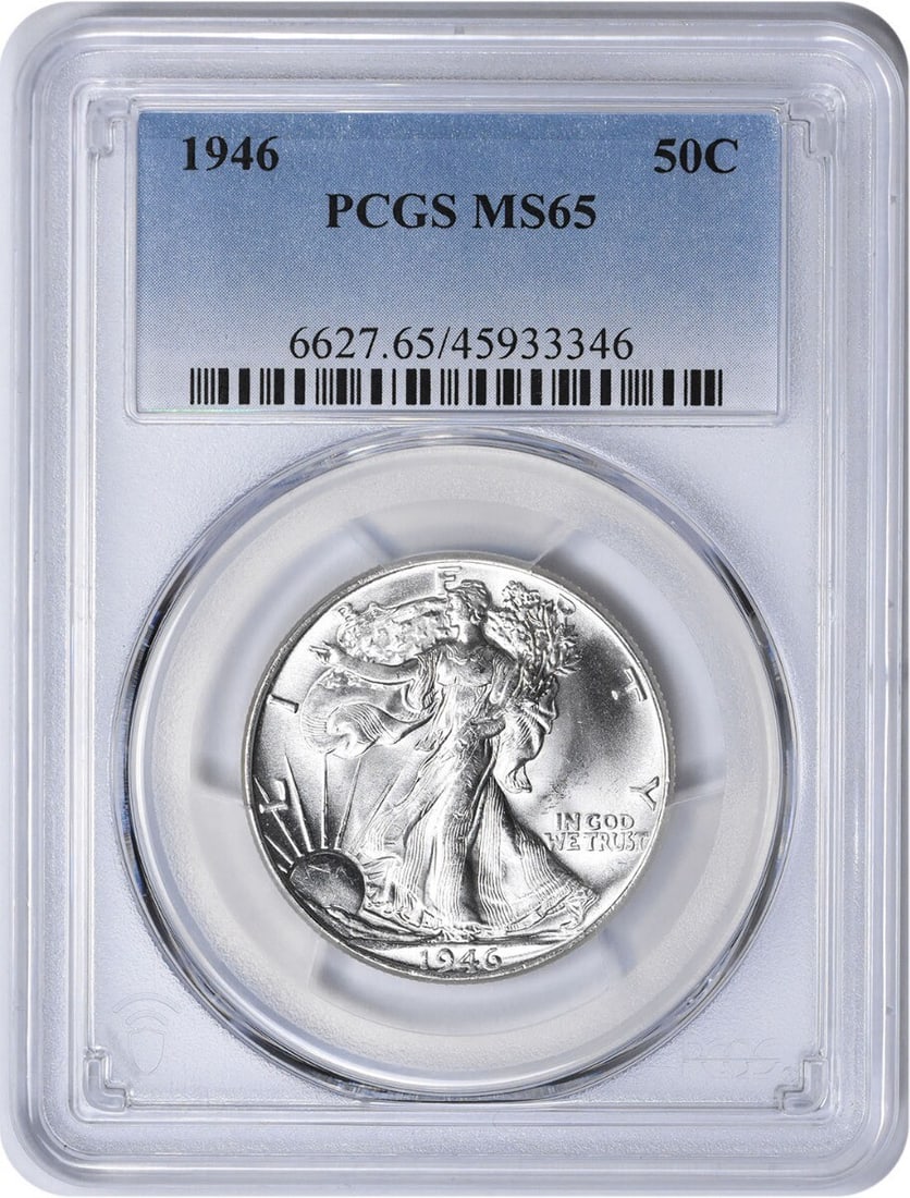 1946 Walking Liberty Half Dollar MS65 PCGS Uncirculated 90% Silver: 1946 Walking Liberty Half Dollar MS65 PCGS Uncirculated 90% Silver This 1946 Walking Liberty Silver Half Dollar is graded MS65 by PCGS, ensuring its uncirculated quality. Struck in Philadelphia, this