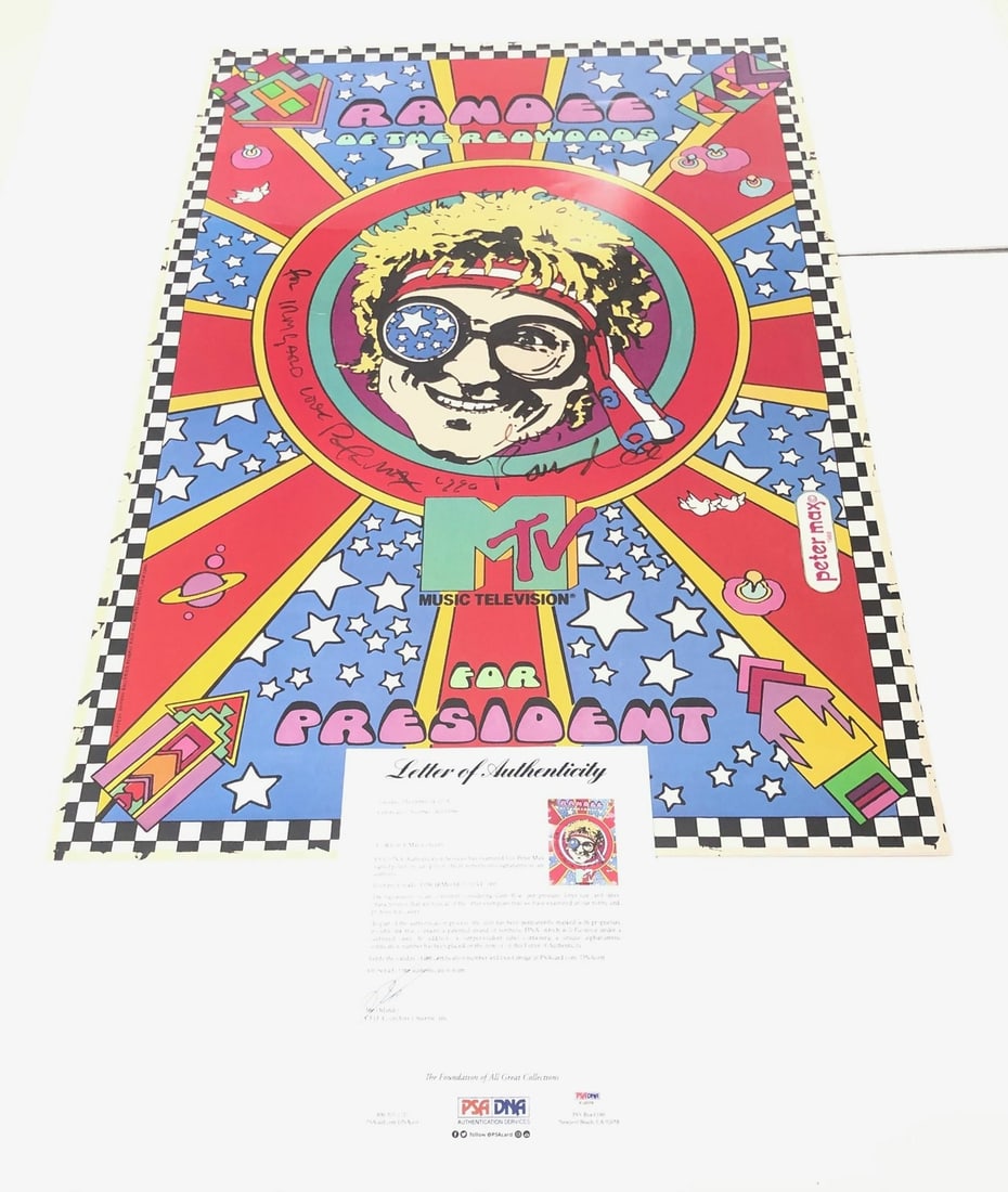 Peter Max Autographed 24x36 Randee Of The Redwoods Poster PSA/DNA: Peter Max Autographed 24x36 Randee Of The Redwoods Poster PSA/DNA Enhance your collection with this original 24x36 poster titled 'Randee Of The Redwoods For President,' beautifully signed by the renow