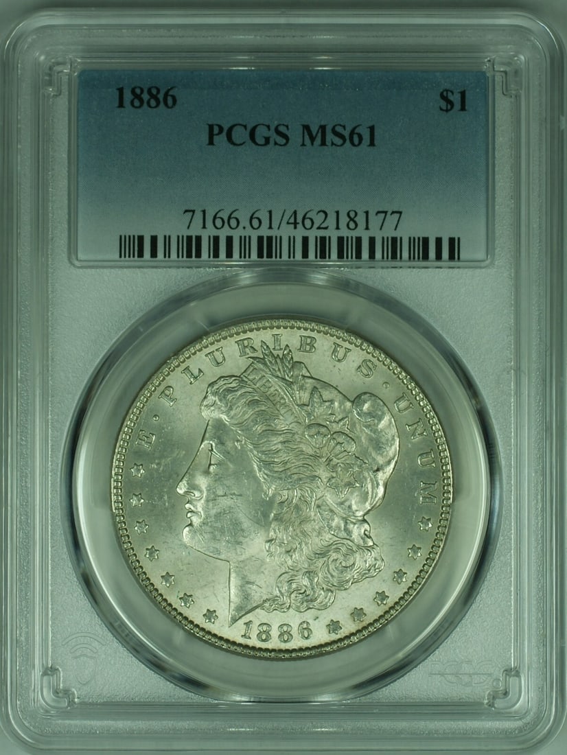 PCGS MS61 1886 Morgan Dollar Silver Coin Philadelphia Mint: PCGS MS61 1886 Morgan Dollar Silver Coin Philadelphia Mint This 1886 Morgan Silver Dollar is certified by PCGS with a grade of MS 61. Minted in Philadelphia, it is composed of 90% silver and has a den