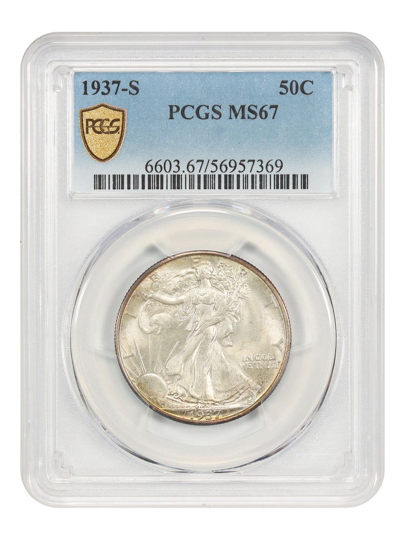 PCGS MS67 1937-S Walking Liberty Half Dollar San Francisco Mint: PCGS MS67 1937-S Walking Liberty Half Dollar San Francisco Mint This 1937-S Walking Liberty Half Dollar is graded MS67 by PCGS, indicating an uncirculated condition with exceptional quality. The coin