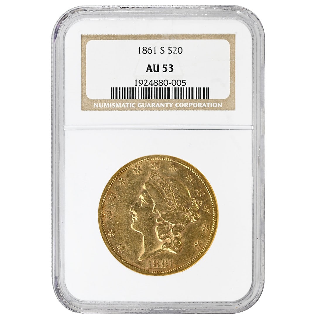 Gold 1861 San Francisco $20 Liberty Head NGC AU53 Type 1 No Motto: Gold 1861 San Francisco $20 Liberty Head NGC AU53 Type 1 No Motto This 1861-S $20 Liberty Head coin is a rare gold piece minted in San Francisco. It has been certified by NGC with a grade of AU53 and