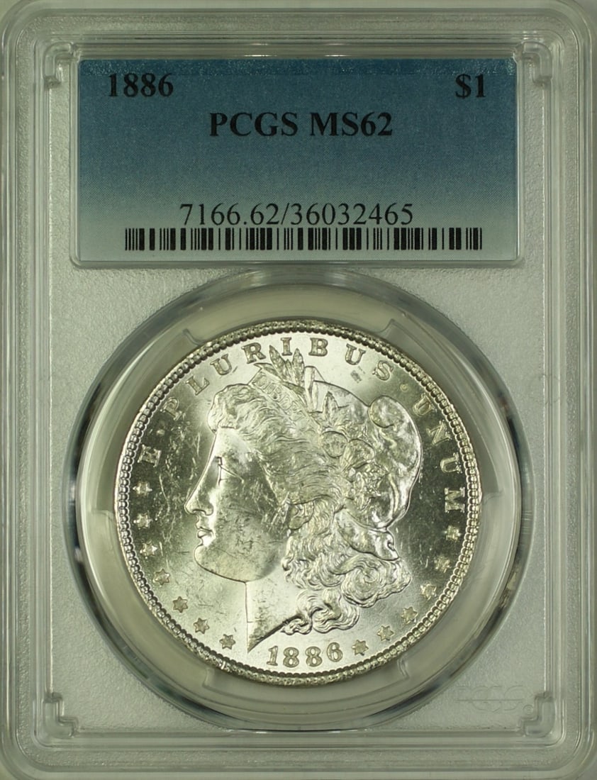 PCGS MS62 1886 Morgan Dollar Silver Coin Philadelphia Mint: PCGS MS62 1886 Morgan Dollar Silver Coin Philadelphia Mint This 1886 Morgan Silver Dollar features a $1 denomination and has been certified by PCGS with a grade of MS 62. Minted in Philadelphia, this