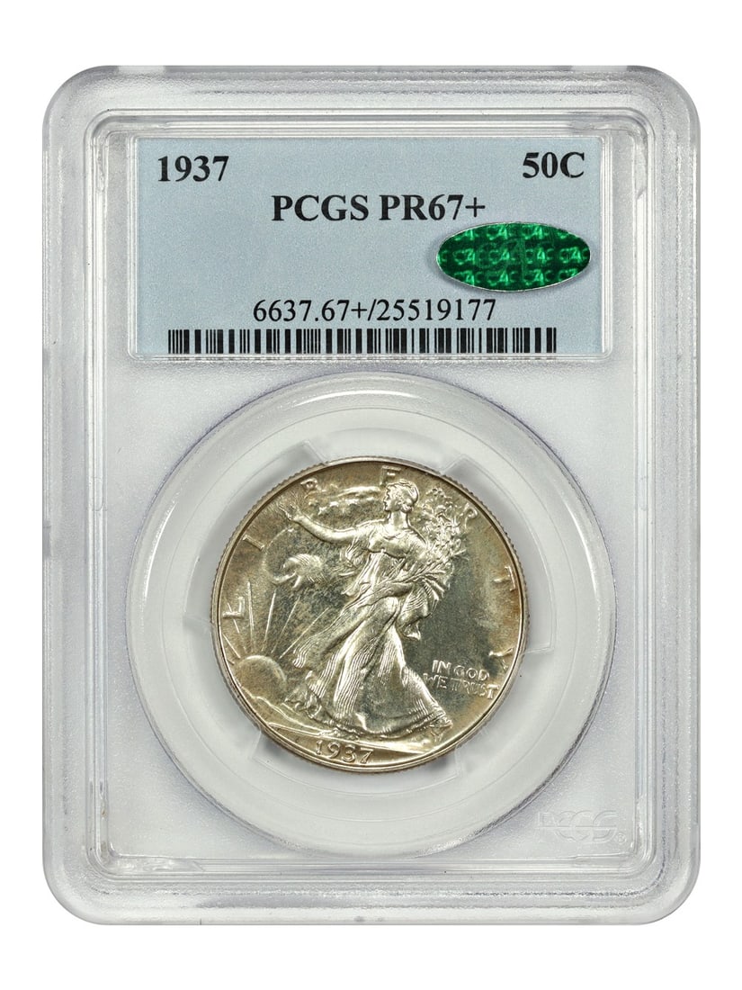 1937 Walking Liberty Half Dollar PCGS PR67+ CAC Certified: 1937 Walking Liberty Half Dollar PCGS PR67+ CAC Certified This 1937 Walking Liberty Half Dollar is an uncirculated gem certified by PCGS with a grade of PR67+. Struck at the Philadelphia mint, it is o