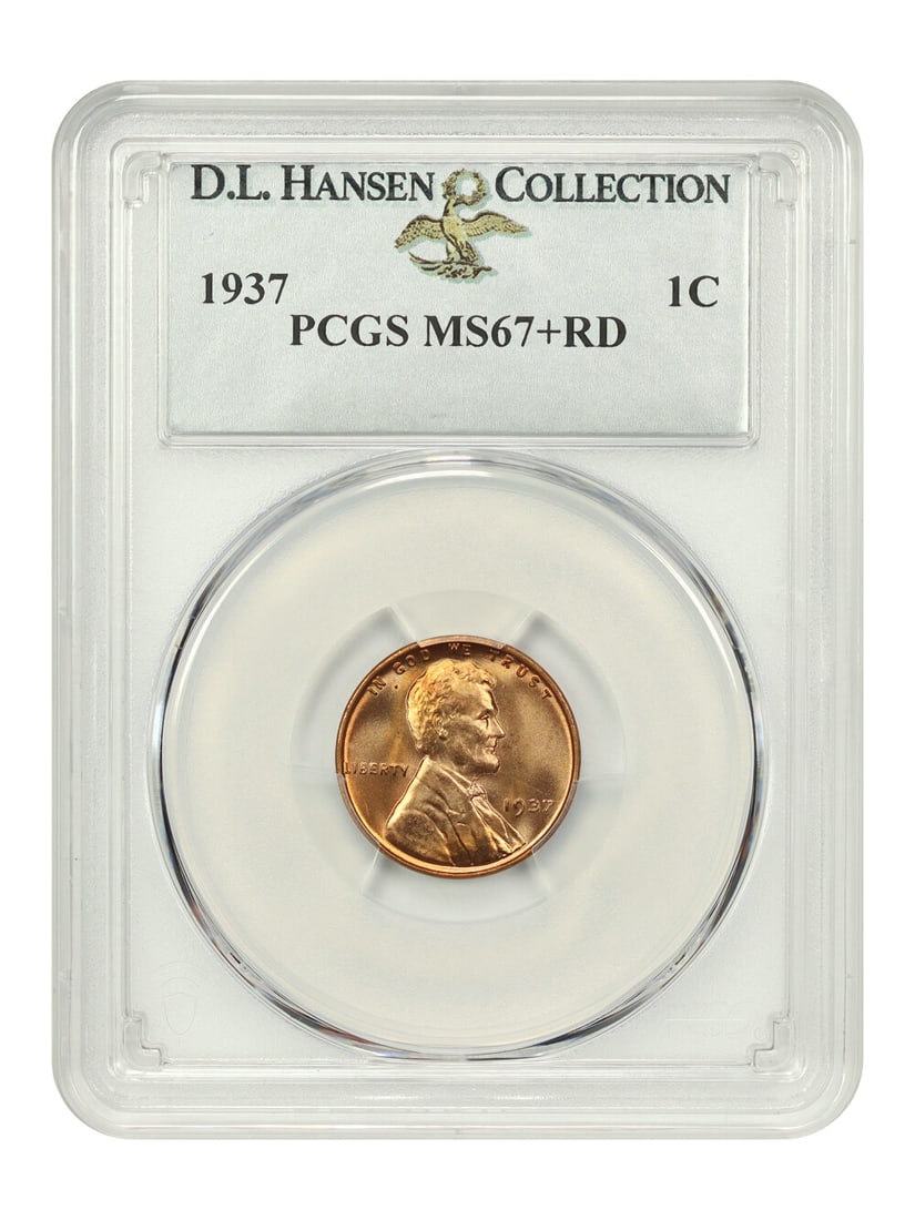 1937 Lincoln Cent PCGS MS67+ RD Wheat Reverse D.L. Hansen: 1937 Lincoln Cent PCGS MS67+ RD Wheat Reverse D.L. Hansen This stunning 1937 Lincoln Cent (Wheat Reverse) is certified by PCGS with a grade of MS67+ RD, showcasing exceptional yellow-gold mint red col