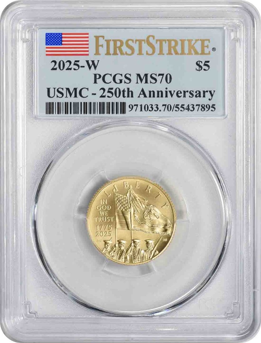 2025 USMC 250th Anniversary $5 Gold Coin MS70 PCGS: 2025 USMC 250th Anniversary $5 Gold Coin MS70 PCGS Celebrate the legacy of the U.S. Marine Corps with this remarkable 2025-W $5 Gold coin commemorating the 250th Anniversary. Graded MS70 by PCGS, this
