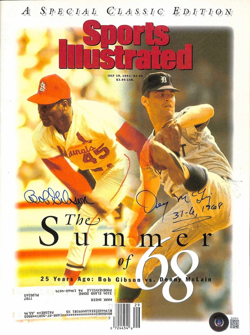Bob Gibson Denny McClain Dual Signed Sports Illustrated Beckett Certified: Bob Gibson Denny McClain Dual Signed Sports Illustrated Beckett Certified This is an original autographed Sports Illustrated magazine featuring the signatures of baseball legends Bob Gibson and Denny
