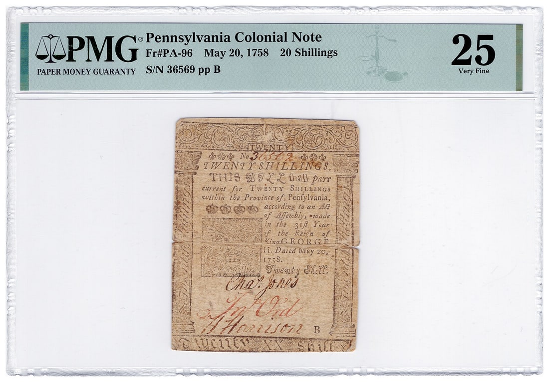 1758 Pennsylvania Colonial 20 Shillings Note PMG VF25 (1 of 2)
