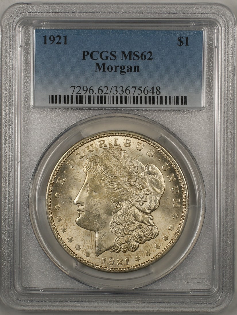 PCGS MS-62 1921 $1 Morgan Silver Dollar from Philadelphia Mint: PCGS MS-62 1921 $1 Morgan Silver Dollar from Philadelphia Mint This 1921 Morgan Silver Dollar is a $1 coin minted in Philadelphia, composed of 90% silver. It has been certified by PCGS with a grade of