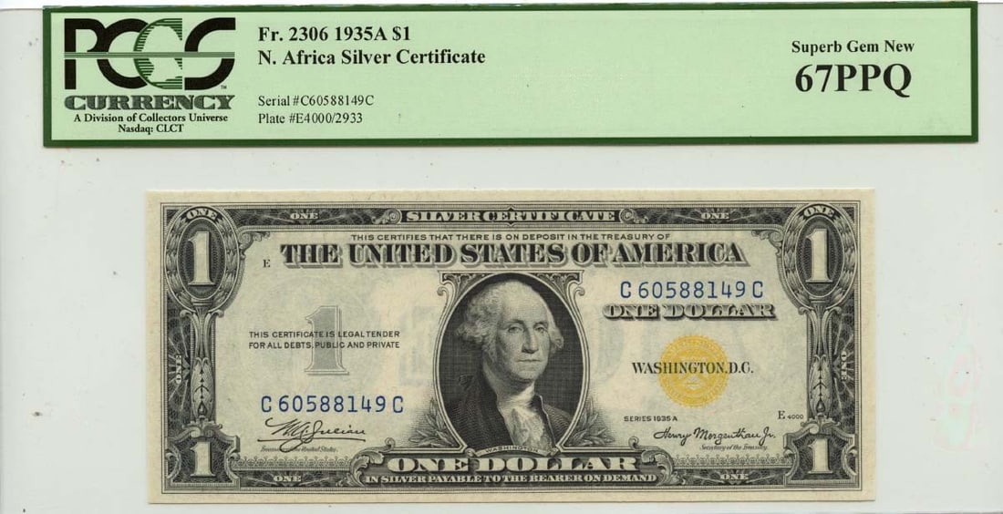 1935A $1 WWII Emergency Note Fr# 2306 PCGS Superb Gem 67 EPQ: 1935A $1 WWII Emergency Note Fr# 2306 PCGS Superb Gem 67 EPQ This 1935A $1 North Africa WWII Emergency Issue note is a remarkable piece of currency history, graded as PCGS Superb Gem 67 EPQ, signifyin