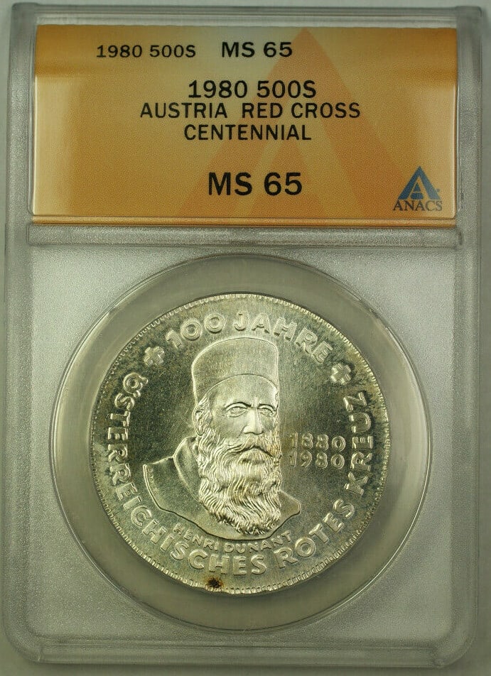 Austria 500 Schilling 1980 Silver MS65 ANACS Red Cross Centennial Coin: Austria 500 Schilling 1980 Silver MS65 ANACS Red Cross Centennial Coin This 1980 Austria 500 Schilling commemorative coin celebrates the Red Cross Centennial. Certified by ANACS with a grade of MS 65,