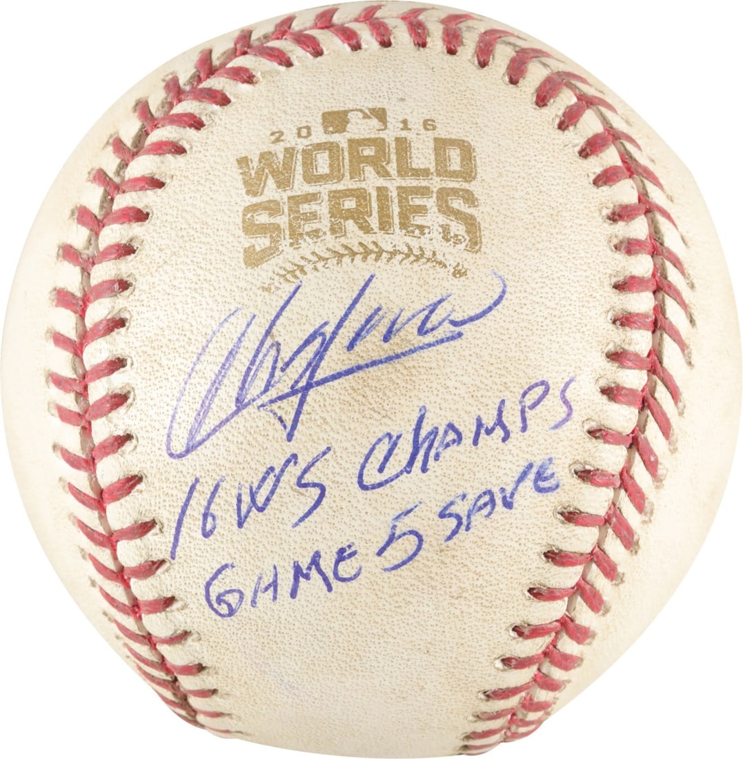Aroldis Chapman Signed 2016 World Series Game 5 Baseball with BAS Authentication: Aroldis Chapman Signed 2016 World Series Game 5 Baseball with BAS Authentication Celebrate a historic moment in baseball with this original game-used baseball from Game 5 of the 2016 World Series. Thi