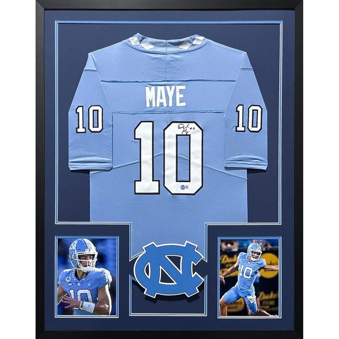 Drake Maye Autographed Framed Jersey UNC Beckett Authenticated: Drake Maye Autographed Framed Jersey UNC Beckett Authenticated This is an autographed framed jersey of Drake Maye, featuring a detailed presentation that highlights the iconic logo. The jersey is auth