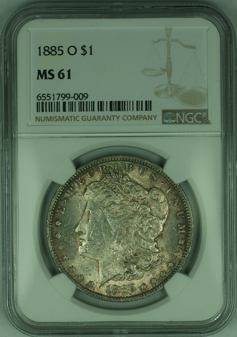 NGC MS-61 1885-O Morgan Dollar Silver Coin With Toning: NGC MS-61 1885-O Morgan Dollar Silver Coin With Toning This 1885-O Morgan Silver Dollar coin is certified by NGC with a grade of MS-61. Minted in New Orleans, this uncirculated coin features notable t