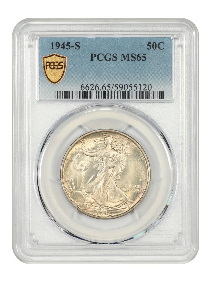 1945-S Walking Liberty Half Dollar PCGS MS65 Uncirculated: 1945-S Walking Liberty Half Dollar PCGS MS65 Uncirculated This 1945-S Walking Liberty Half Dollar is certified by PCGS with a grade of MS65, indicating it is in uncirculated condition. It features a s