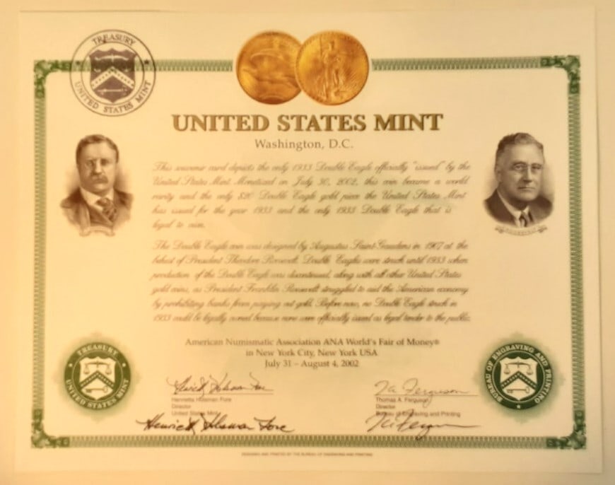 2002 New York ANA BEP Souvenir Card Signed by Fore and Ferguson (1 of 2)