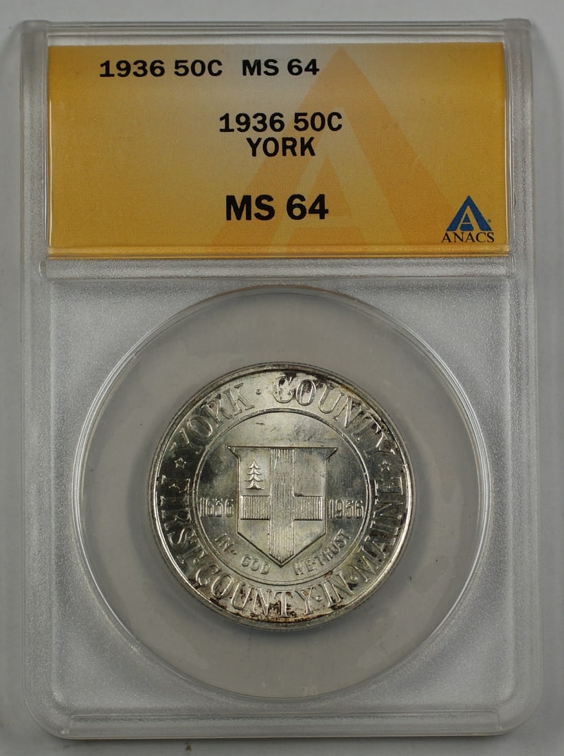 ANACS MS 64 1936 Silver York County Half Dollar Commemorative Coin: ANACS MS 64 1936 Silver York County Half Dollar Commemorative Coin This is a 1936 York County Commemorative Silver Half Dollar 50 cent coin, graded MS 64 by ANACS. The coin is uncirculated and was min