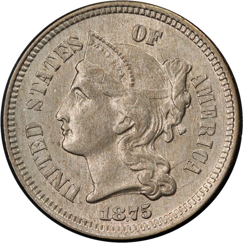 1875 Three Cent Nickel BU+ Great Eye Appeal Strong Strike: 1875 Three Cent Nickel BU+ Great Eye Appeal Strong Strike This 1875 Three (3) Cent Nickel showcases excellent eye appeal with its lustrous surfaces and strong strike. The coin features a beautiful col