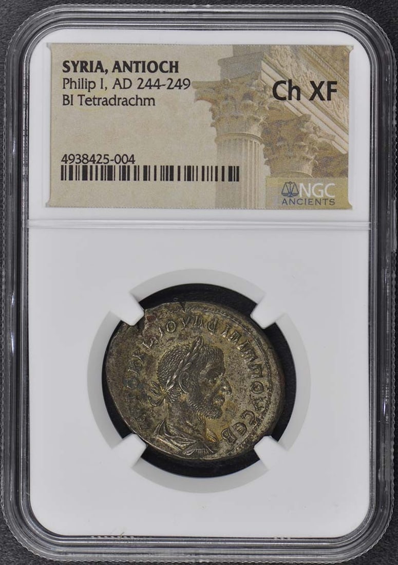 NGC XF45 BI Tetradrachm from Antioch Syria Reign of Philip I AD 244-249: NGC XF45 BI Tetradrachm from Antioch Syria Reign of Philip I AD 244-249 This is a BI Tetradrachm coin from the reign of Philip I, who ruled from AD 244 to 249. The coin was struck in Antioch, Syria. I