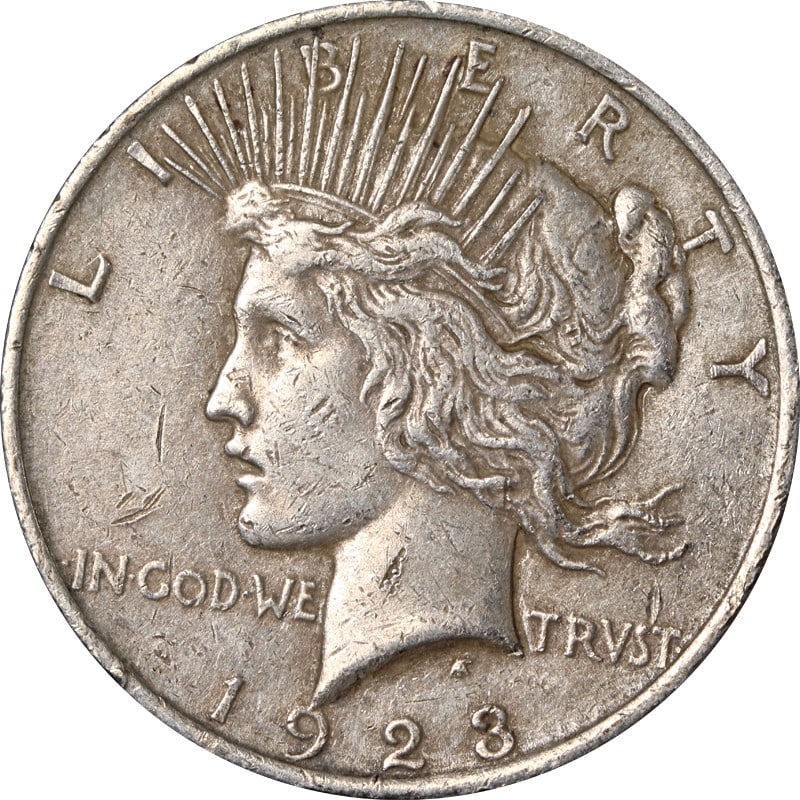 1923-P Peace Dollar Rotated Reverse Error Silver Coin: 1923-P Peace Dollar Rotated Reverse Error Silver Coin This 1923-P Peace Dollar features a notable error with a rotated reverse. The coin is composed of 90% silver, showcasing its historic significance