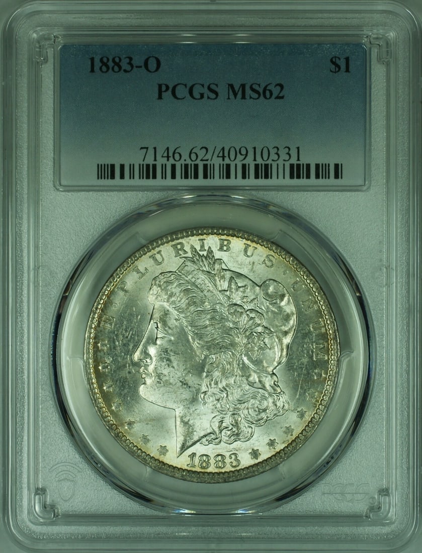 PCGS MS62 1883-O Morgan Silver Dollar from New Orleans Mint: PCGS MS62 1883-O Morgan Silver Dollar from New Orleans Mint This is an 1883-O Morgan Silver Dollar certified by PCGS with a grade of MS-62. Minted in New Orleans, this uncirculated coin is composed of
