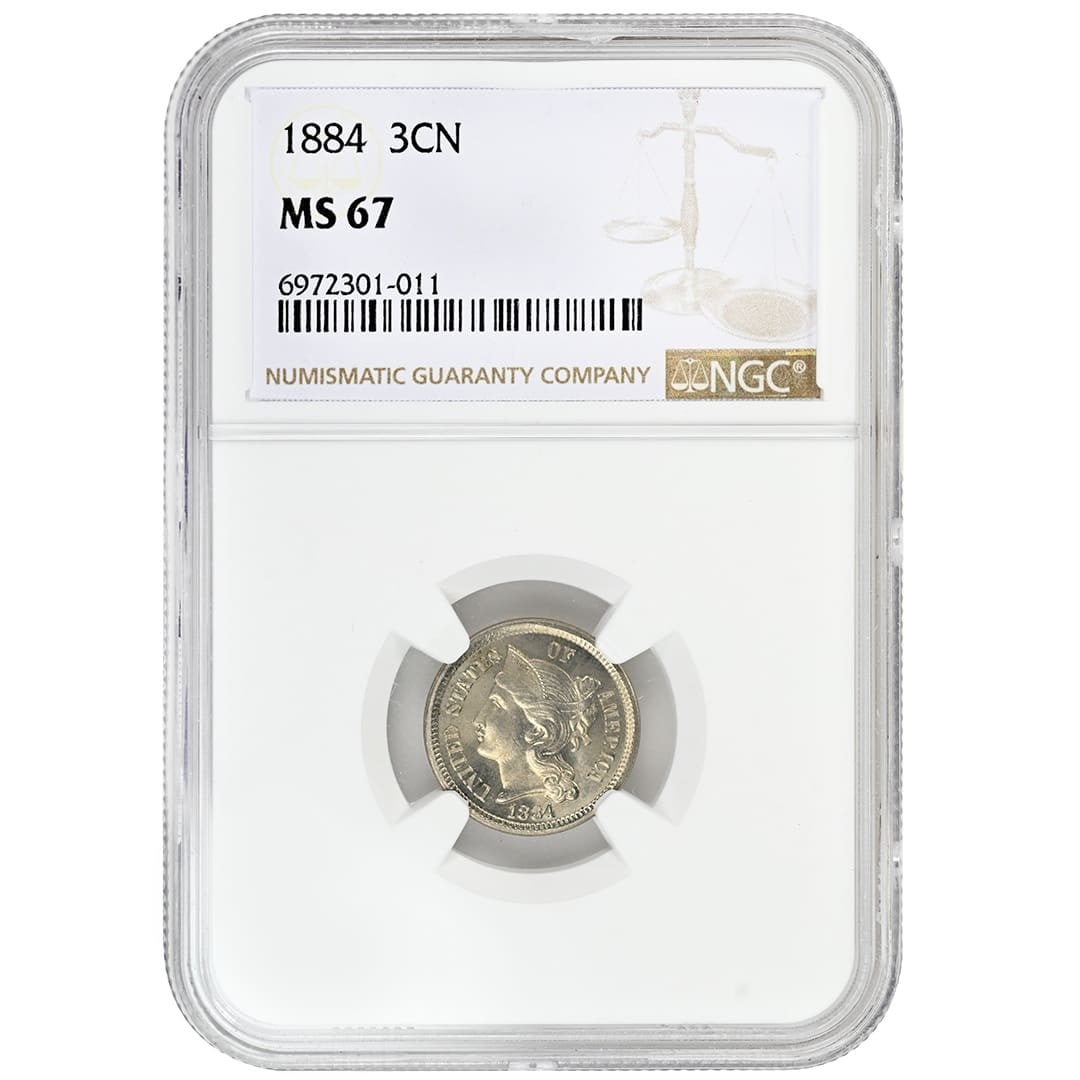 NGC MS67 1884 Three Cent Nickel Philadelphia Certified US Coin: NGC MS67 1884 Three Cent Nickel Philadelphia Certified US Coin This 1884 Three Cent Nickel coin from the United States is certified by NGC with a grade of MS67. Struck in Philadelphia, this rare coin