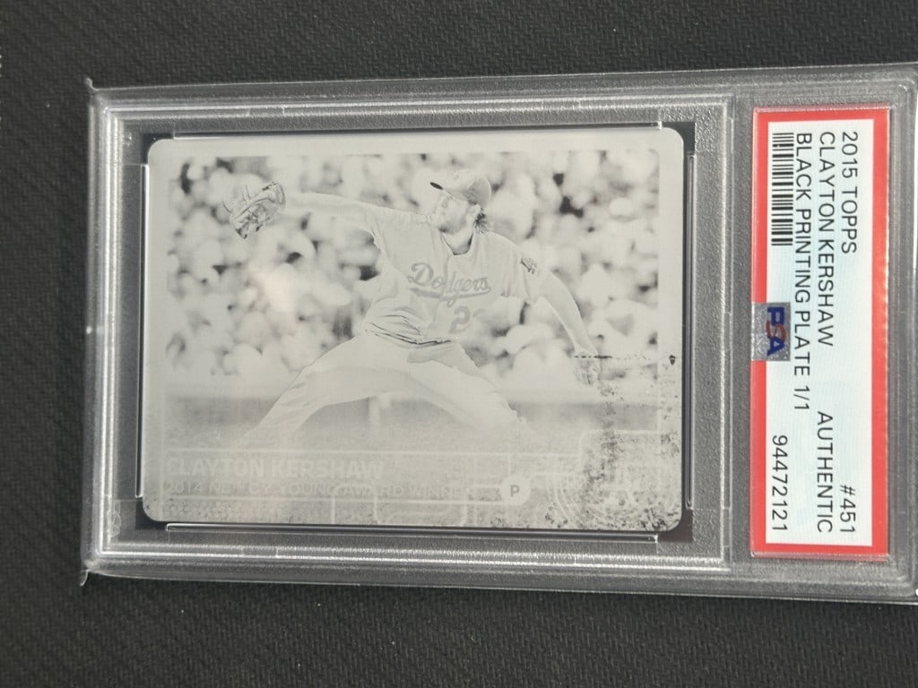 Clayton Kershaw 2015 Topps Black Printing Plate PSA Authentic 1/1 #451: Clayton Kershaw 2015 Topps Black Printing Plate PSA Authentic 1/1 #451 This is a unique 2015 Topps Black Printing Plate featuring MLB star Clayton Kershaw, issued as part of a limited edition series.