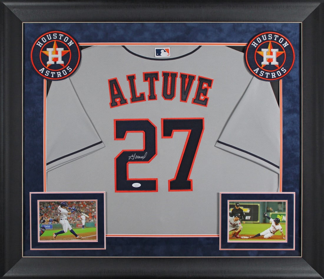 Jose Altuve Signed Grey Nike Framed Jersey JSA Authenticated: Jose Altuve Signed Grey Nike Framed Jersey JSA Authenticated Celebrate your admiration for the Houston Astros with this authentic autographed grey Nike jersey, personally signed by star player Jose Al
