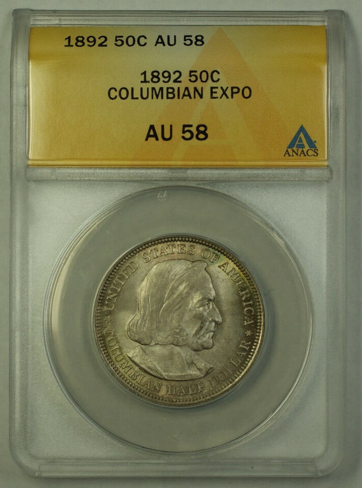 ANACS AU-58 1892 Columbian Commemorative Silver Half Dollar Toned: ANACS AU-58 1892 Columbian Commemorative Silver Half Dollar Toned 1892 Columbian Silver Half Dollar Commemorative coin, graded AU-58 by ANACS. This coin features attractive toning and was minted in Ph