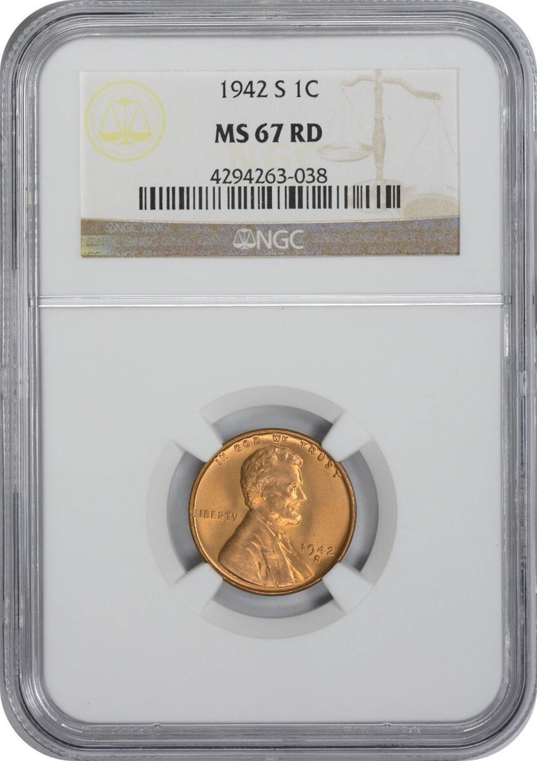 1942-S Lincoln Cent MS67RD NGC Uncirculated Wheat Coin (1 of 2)