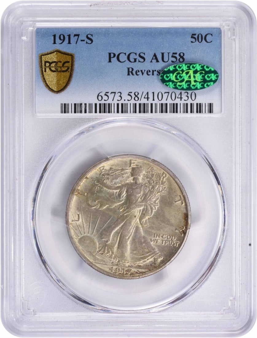 PCGS CAC AU58 1917-S Liberty Walking 50C Silver Half Dollar Reverse: PCGS CAC AU58 1917-S Liberty Walking 50C Silver Half Dollar Reverse This 1917-S Walking Liberty Half Dollar is a circulated coin graded AU58 by PCGS and verified by CAC. Minted in San Francisco, it fe