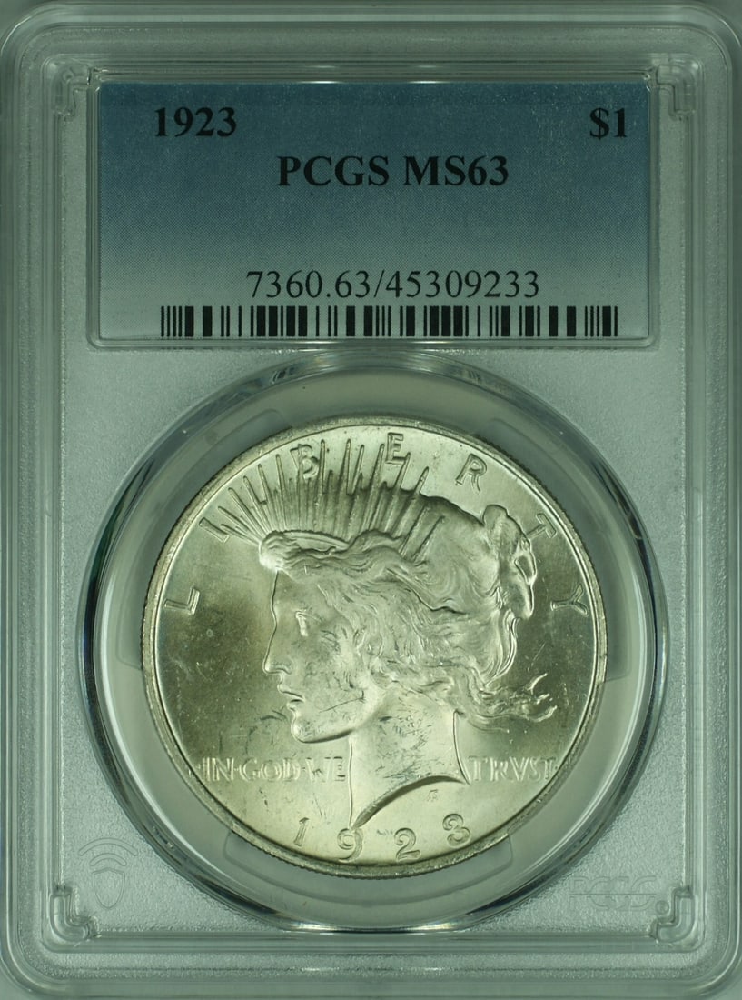 1923 Peace Dollar Silver Coin PCGS MS63 Philadelphia Mint: 1923 Peace Dollar Silver Coin PCGS MS63 Philadelphia Mint This 1923 Peace Silver Dollar features a classic design and is graded MS-63 by PCGS. Minted in Philadelphia, this uncirculated coin is compose