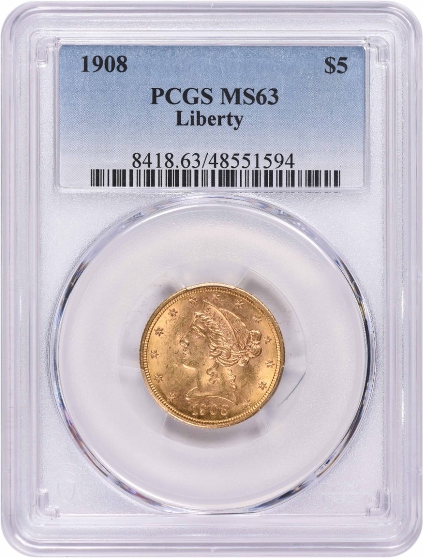 1908 $5 Gold Liberty Head MS63 PCGS Uncirculated Coin: 1908 $5 Gold Liberty Head MS63 PCGS Uncirculated Coin This 1908 $5 Gold Liberty Head coin is a remarkable example of numismatic artistry, featuring the iconic design by Christian Gobrecht. Graded MS63