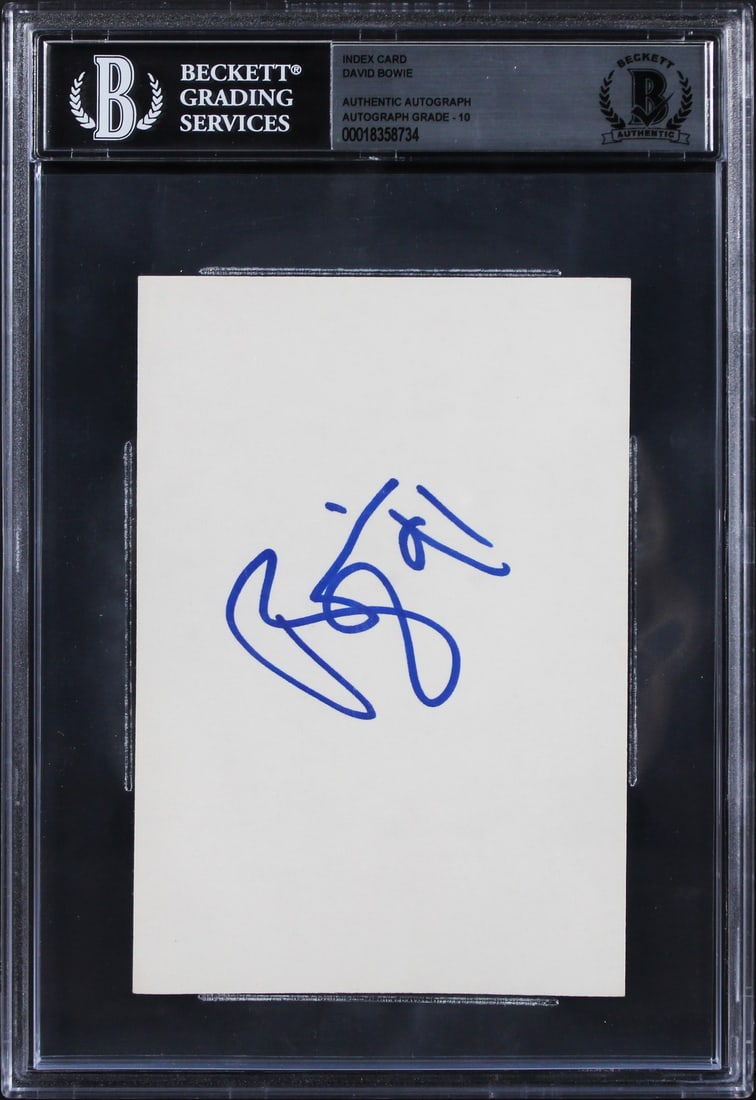 David Bowie Signed 3x5 Index Card Auto Gem Mint 10 Beckett: David Bowie Signed 3x5 Index Card Auto Gem Mint 10 Beckett Celebrate the iconic legacy of David Bowie with this authentic signed 3x5 index card. This remarkable piece features Bowie's personal inscrip