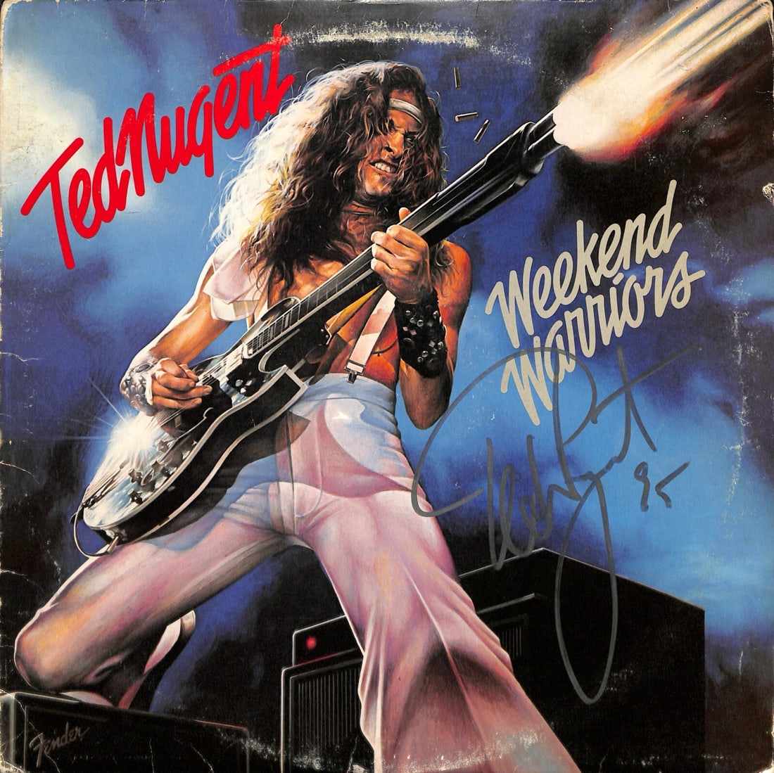 Ted Nugent Signed Weekend Warriors Album Cover Beckett Certified: Ted Nugent Signed Weekend Warriors Album Cover Beckett Certified This is a signed album cover of 'Weekend Warriors' by the legendary musician Ted Nugent. The cover is autographed in silver permanent m