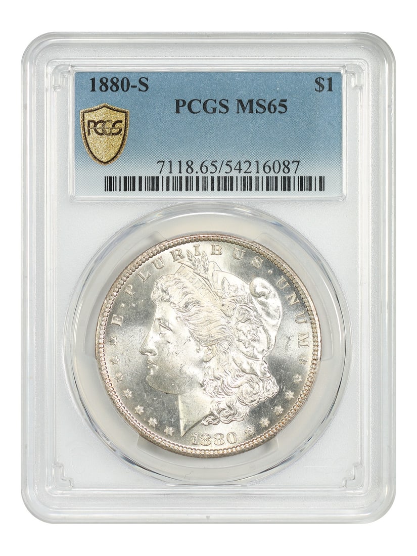 PCGS Graded MS65 1880 San Francisco Morgan Silver Dollar: PCGS Graded MS65 1880 San Francisco Morgan Silver Dollar This is an 1880-S Morgan Dollar graded MS65 by PCGS. The coin is uncirculated and was minted in San Francisco. It belongs to the Morgan Dollar