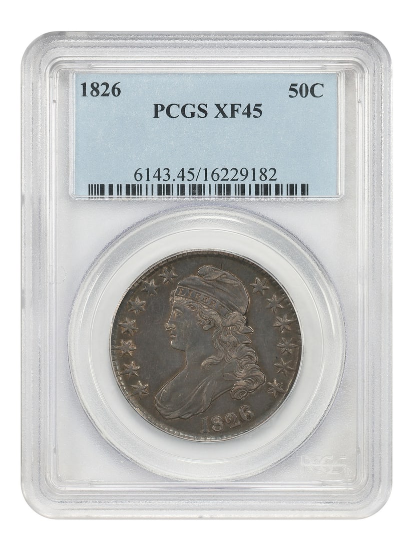 PCGS XF45 1826 Capped Bust 50 Cent Coin Half Dollar: PCGS XF45 1826 Capped Bust 50 Cent Coin Half Dollar This is an 1826 Capped Bust Half Dollar graded XF45 by PCGS. The coin is circulated and was minted in Philadelphia. It belongs to the Capped Bust Ha