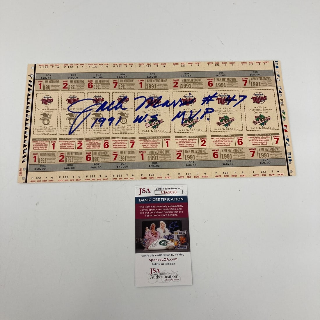 Jack Morris Signed 1991 WS Uncut Ticket Sheet with JSA COA: Jack Morris Signed 1991 WS Uncut Ticket Sheet with JSA COA This is a rare and collectible 1991 World Series uncut ticket sheet featuring the legendary Jack Morris, who is renowned for his outstanding