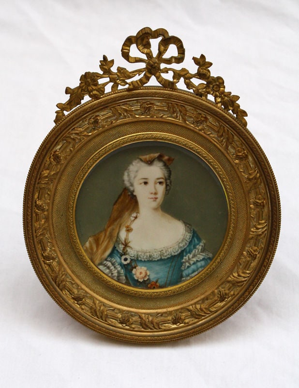 19th Century French Watercolor by Durront in Dore Bronze Frame: 19th Century French Watercolor by Durront in Dore Bronze Frame This exquisite 19th-century French watercolor painting captures the elegance of a French lady in a formal dress. The artwork is signed on