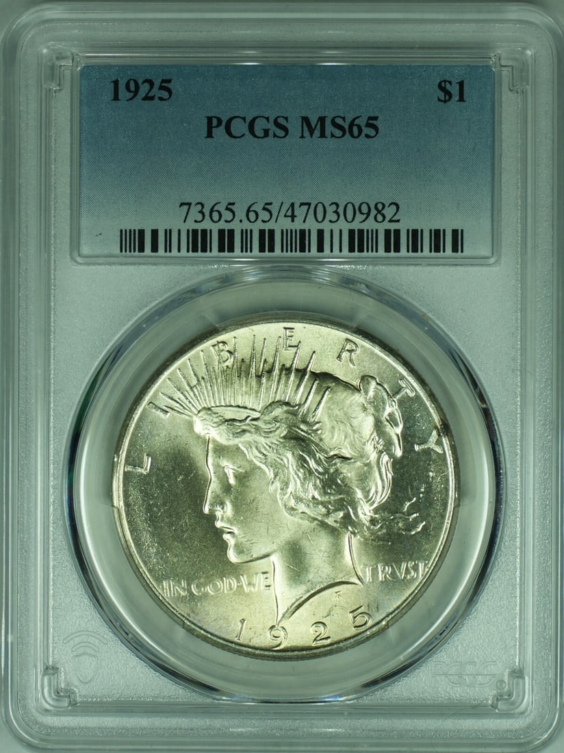 1925 Peace Dollar Silver $1 PCGS MS 65 Certified Uncirculated Coin: 1925 Peace Dollar Silver $1 PCGS MS 65 Certified Uncirculated Coin This 1925 Peace Silver Dollar features a $1 denomination and is composed of 90% silver. Certified by PCGS with a grade of MS-65, this