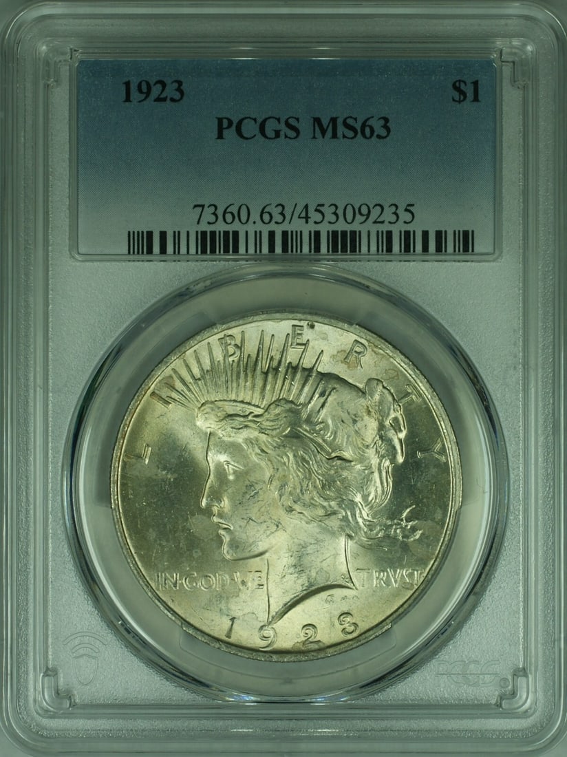 PCGS MS-63 1923 Peace Dollar Silver Coin from Philadelphia Mint: PCGS MS-63 1923 Peace Dollar Silver Coin from Philadelphia Mint This 1923 Peace Silver Dollar features a PCGS certification with a grade of MS-63. Minted in Philadelphia, this coin is composed of silv