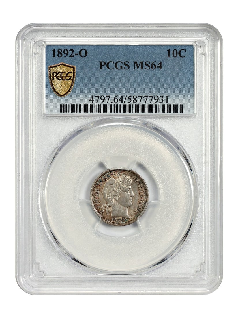 PCGS MS64 1892-O Barber Dime Uncirculated 10C New Orleans Mint: PCGS MS64 1892-O Barber Dime Uncirculated 10C New Orleans Mint This 1892-O Barber Dime is an un-used coin graded MS64 by PCGS. Minted in New Orleans, it is part of the Barber Dime series and features