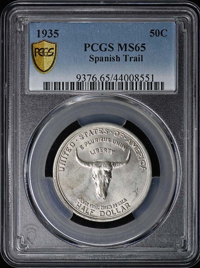 1935 Spanish Trail Half Dollar Silver PCGS MS65 Commemorative Coin: 1935 Spanish Trail Half Dollar Silver PCGS MS65 Commemorative Coin This is a 1935 Spanish Trail 50-cent silver commemorative coin, graded MS65 by PCGS and issued from the Philadelphia Mint. Composed o