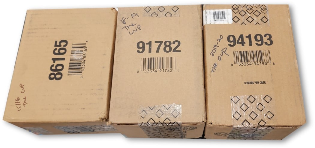 3 Factory Sealed Cases of The Cup Hockey 2015/16 2018/19 2019/20: 3 Factory Sealed Cases of The Cup Hockey 2015/16 2018/19 2019/20 This listing features three factory-sealed cases, comprising a total of nine boxes of The Cup Hockey cards. Included are: one case cont