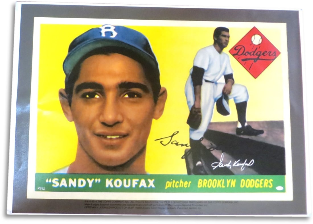 Sandy Koufax Autographed 30x44 Canvas 1955 Topps Rookie JSA Authenticated: Sandy Koufax Autographed 30x44 Canvas 1955 Topps Rookie JSA Authenticated Celebrate the legacy of Sandy Koufax with this stunning autographed 30X44 canvas featuring a blown-up reprint of his iconic 19