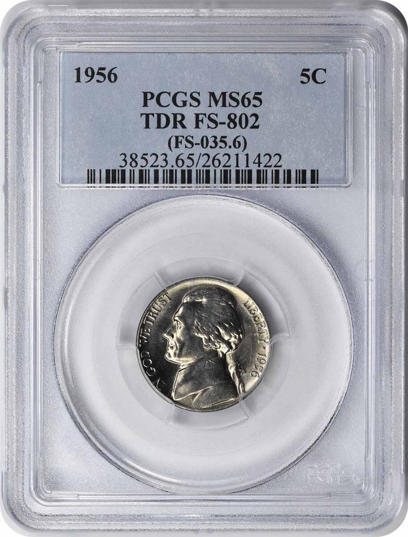 PCGS MS65 1956 Jefferson Nickel TDR FS-802 Philadelphia Mint: PCGS MS65 1956 Jefferson Nickel TDR FS-802 Philadelphia Mint This is a 1956 Jefferson Nickel from the United States, featuring a triple die reverse (TDR) with the FS-802 variety. The coin is certified