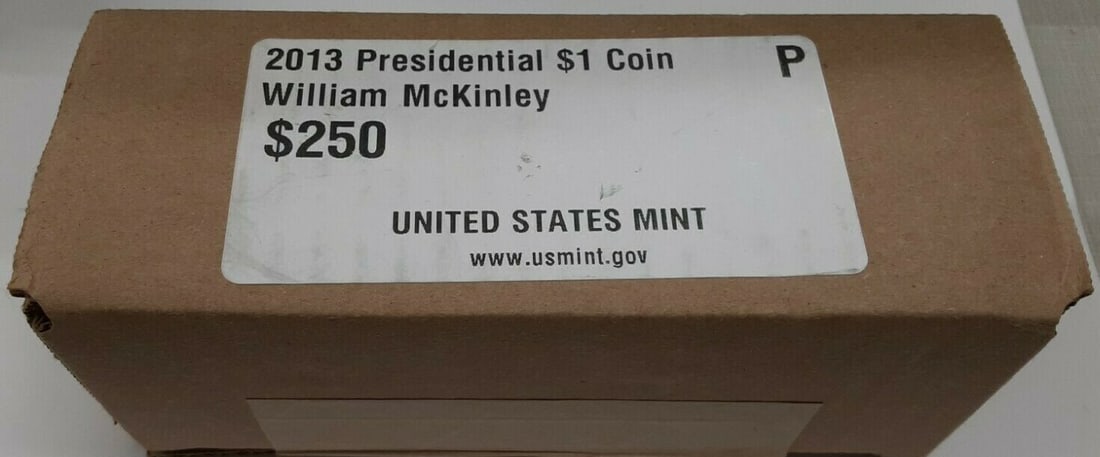 Sealed Box of 250 2013-P William McKinley Presidential Uncirculated Dollars: Sealed Box of 250 2013-P William McKinley Presidential Uncirculated Dollars This is a sealed box of 2013-P William McKinley Presidential $1 coins, issued by the U.S. Mint in Philadelphia. The box cont
