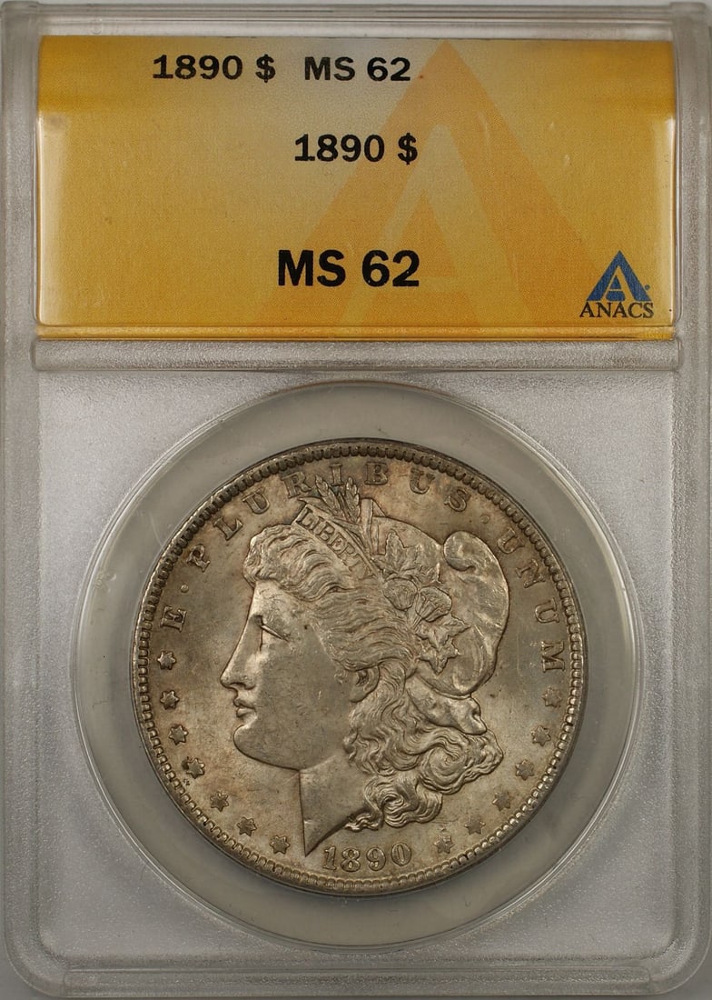 ANACS MS-62 Certified 1890 Silver Morgan Dollar with Toning: ANACS MS-62 Certified 1890 Silver Morgan Dollar with Toning This 1890 Morgan Silver Dollar is an uncirculated coin graded MS-62 by ANACS. Struck in Philadelphia, it features a toned finish and is comp