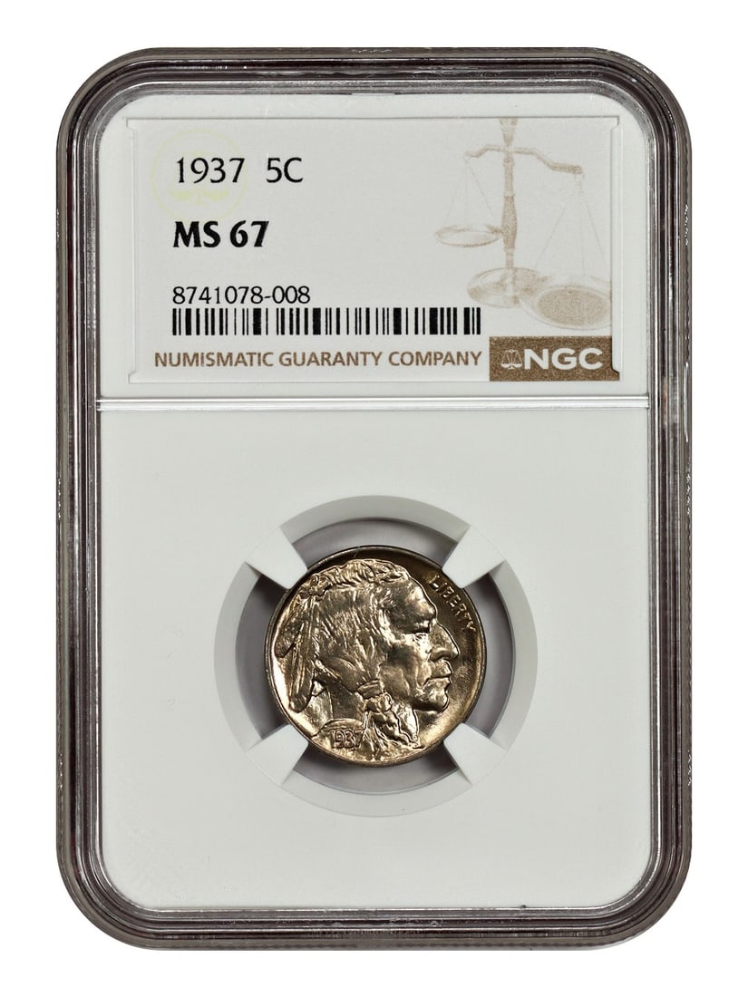 1937 Buffalo Nickel NGC Graded MS67 Five Cent Coin: 1937 Buffalo Nickel NGC Graded MS67 Five Cent Coin This 1937 Buffalo Nickel is graded MS67 by NGC and remains uncirculated. Struck in Philadelphia, it features the iconic Buffalo Nickel design and is