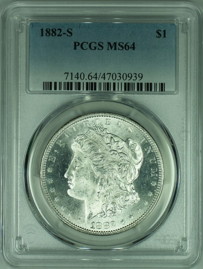 PCGS MS-64 1882-S Morgan Dollar San Francisco Mint Silver $1 Coin: PCGS MS-64 1882-S Morgan Dollar San Francisco Mint Silver $1 Coin This is an 1882-S Morgan Silver Dollar coin certified by PCGS with a grade of MS-64. Struck at the San Francisco Mint, it is uncircula
